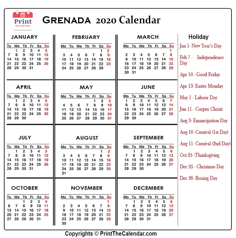 Grenada Calendar 2020 with Grenada Public Holidays